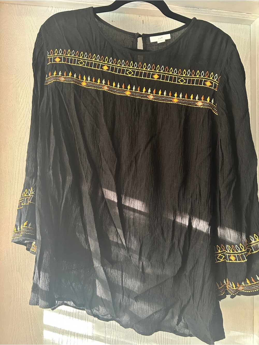 J. Jill Black Embroidered tunic Top with Yellow and Brown Accents